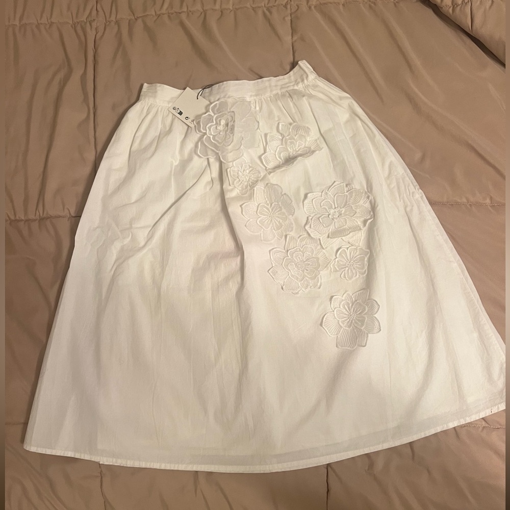 Zara White A-Line Skirt with Floral Details